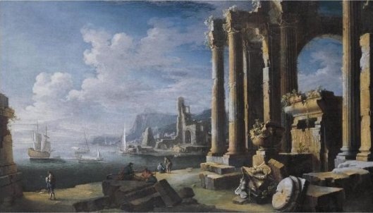 A_capriccio_of_architectural_ruins_with_a_seascape_beyond,_oil_on_canvas_painting_by_Leonardo_Coccorante